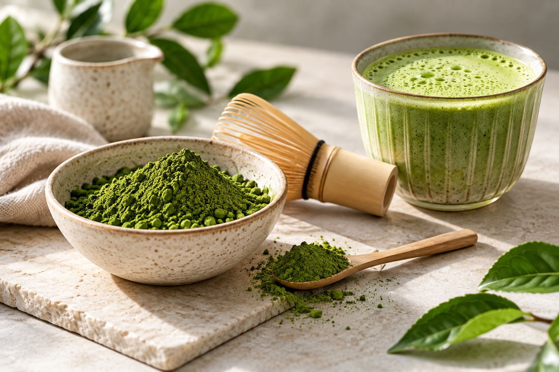 Matcha milteliai dubenėlyje ir mediniame šaukštelyje, bambukinė šluotelė ir puodelis išplaktos matcha