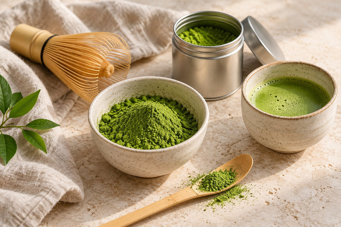 Matcha milteliai keraminiame dubenėlyje ir bambukiniame šaukštelyje, bambukinė plakimo šluotelė, metalinė laikymo dėžutė ir puodelis išplaktos matcha arbatos