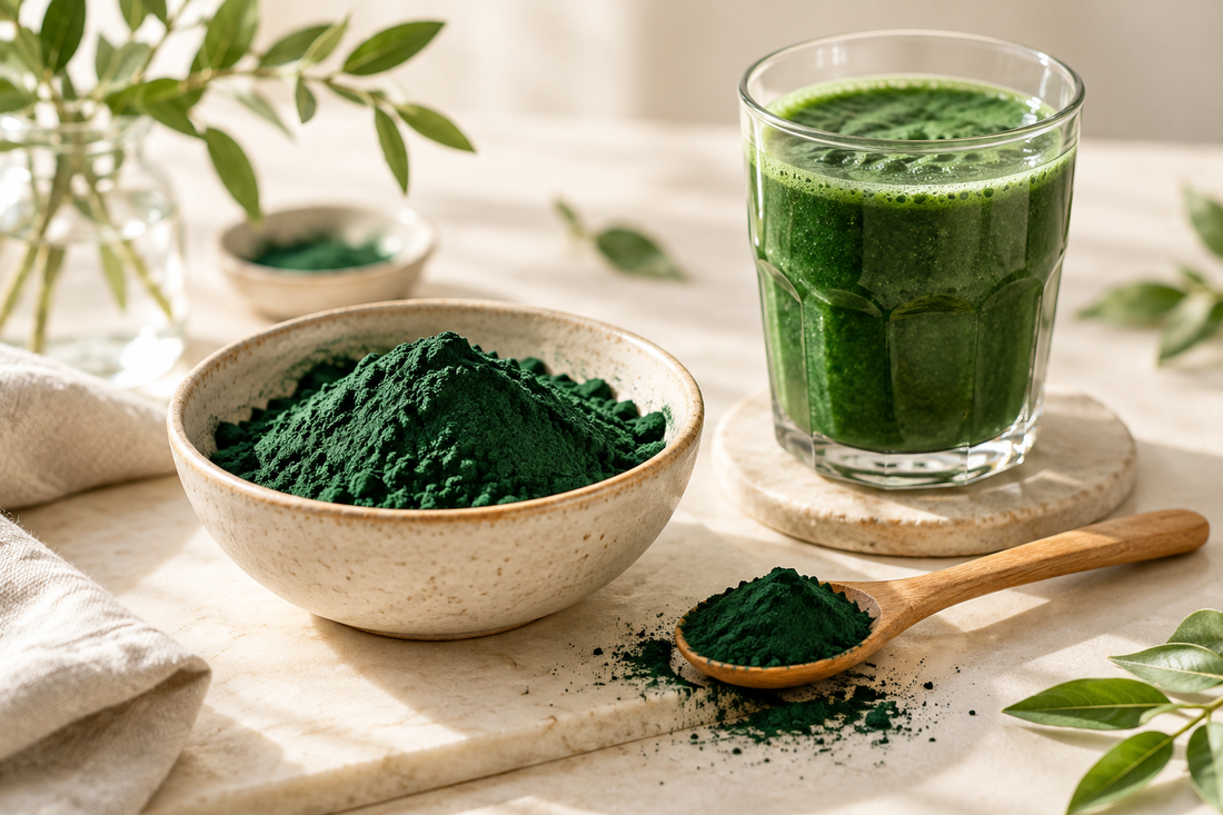 Spirulinos milteliai keraminiame dubenėlyje ir mediniame šaukštelyje, šalia stiklinė žalio kokteilio