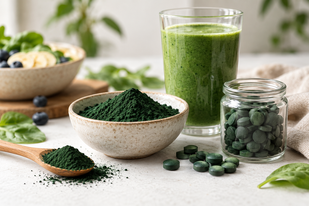 Spirulinos milteliai dubenėlyje ir šaukštelyje, spirulinos tabletės stiklainyje ir žalias kokteilis