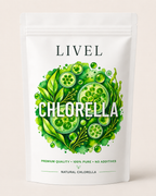 LIVEL chlorellos tablečių pakuotės priekinė pusė su chlorellos iliustracija