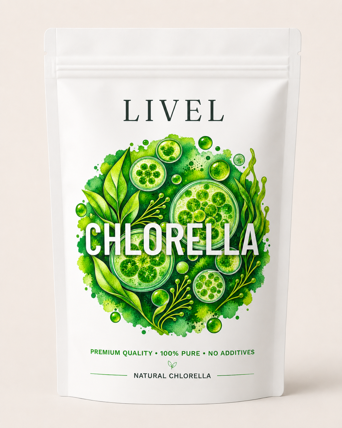 LIVEL chlorellos tablečių pakuotės priekinė pusė su chlorellos iliustracija