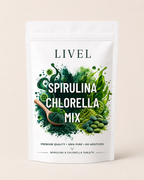 LIVEL spirulinos ir chlorelos tablečių mišinio pakuotė su miltelių ir tablečių iliustracija