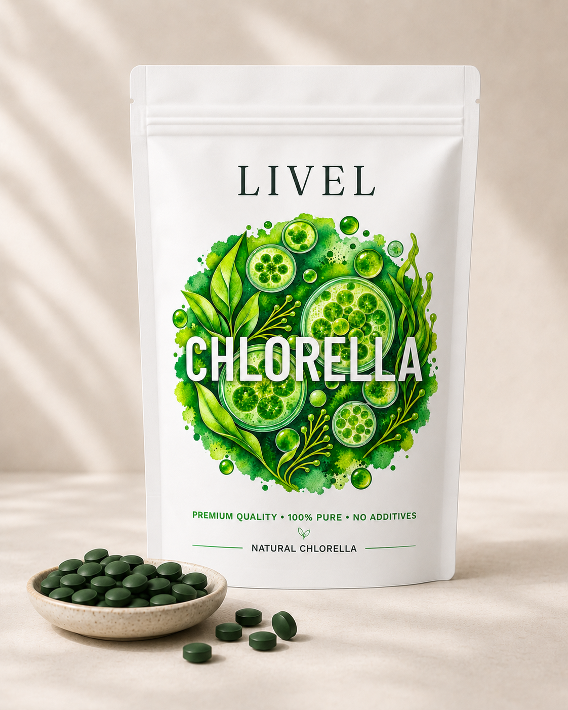 LIVEL chlorellos tablečių pakuotė šalia lėkštelės su chlorellos tabletėmis