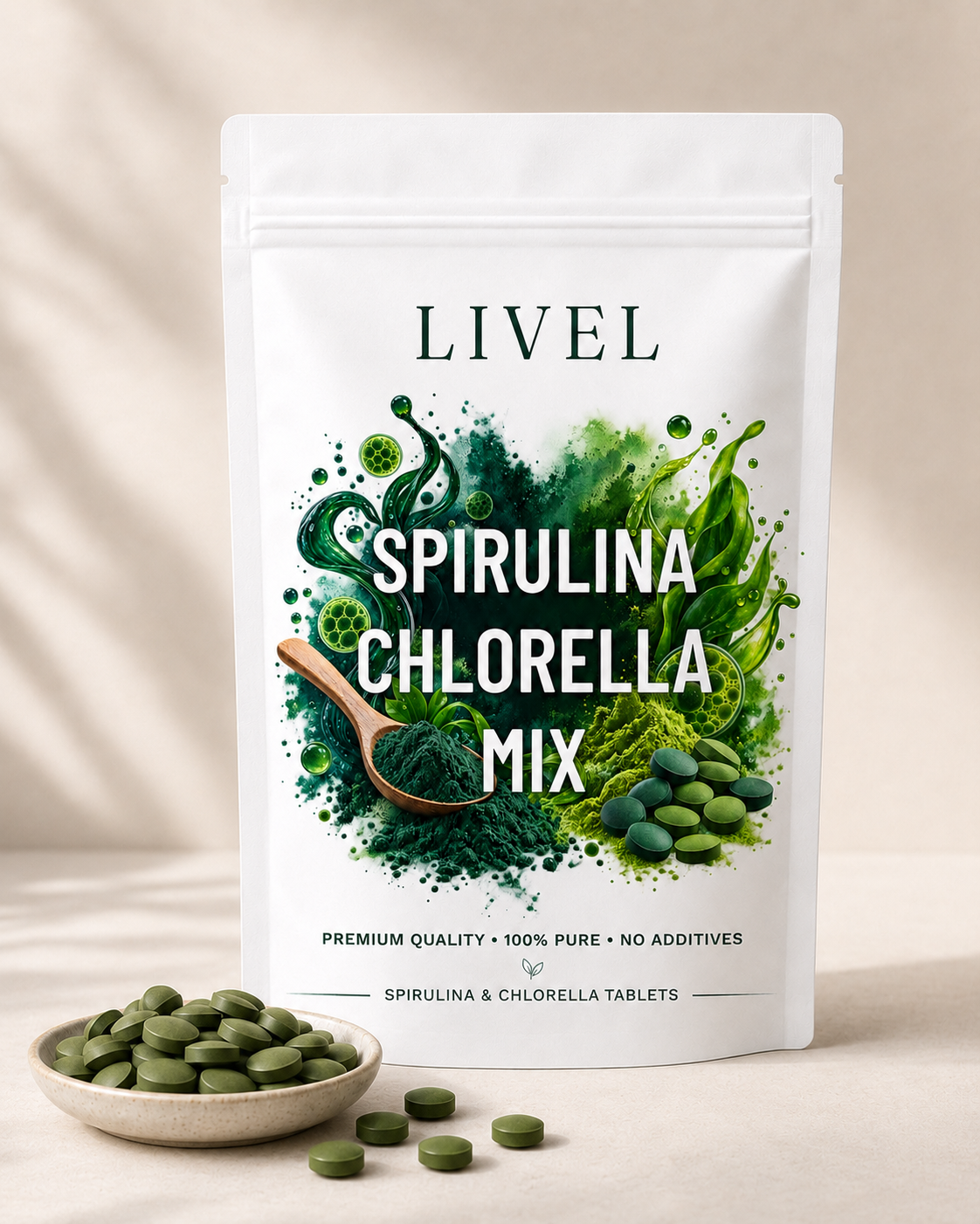 LIVEL spirulinos ir chlorelos tablečių pakuotė šalia lėkštelės su tabletėmis