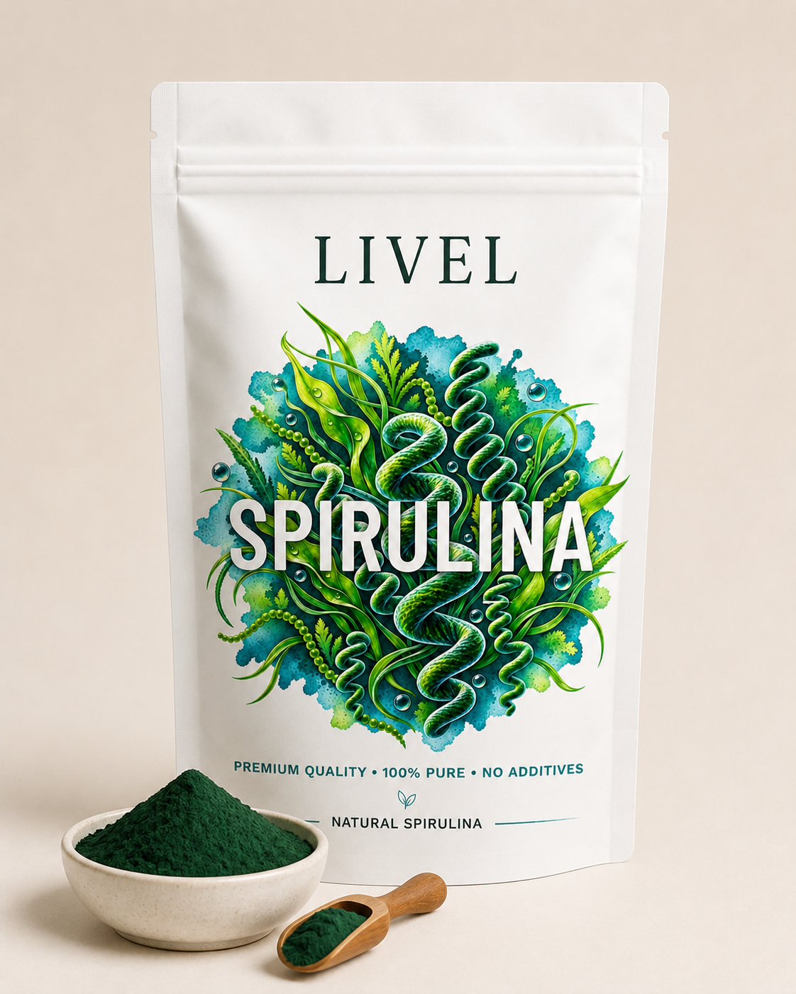 LIVEL spirulinos miltelių pakuotė šalia dubenėlio ir semtuvėlio su milteliais