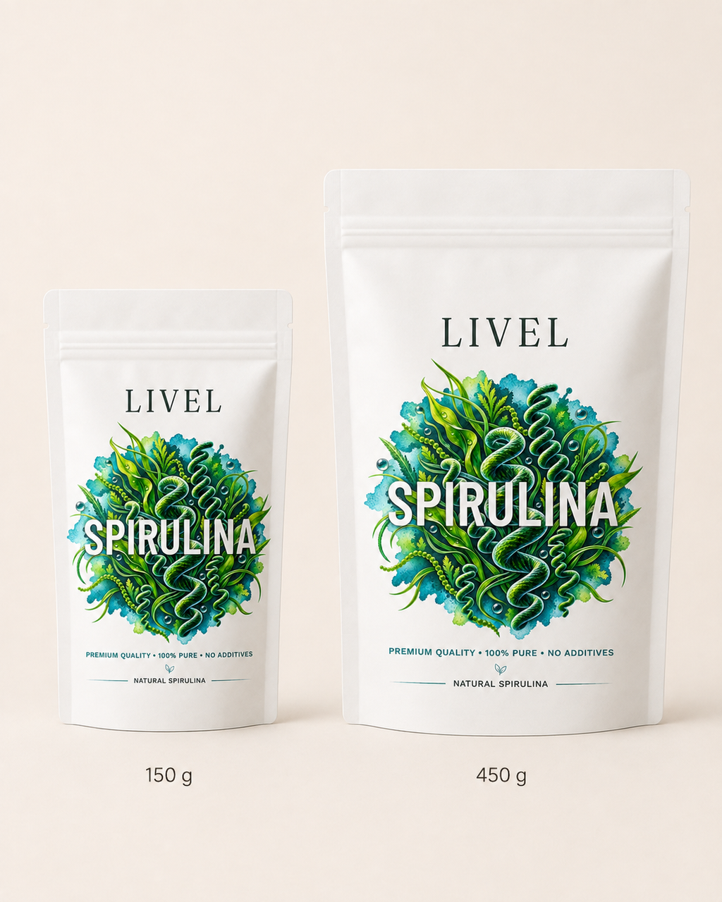 dvi LIVEL spirulinos tablečių pakuotės greta – 150 g ir 450 g dydžio