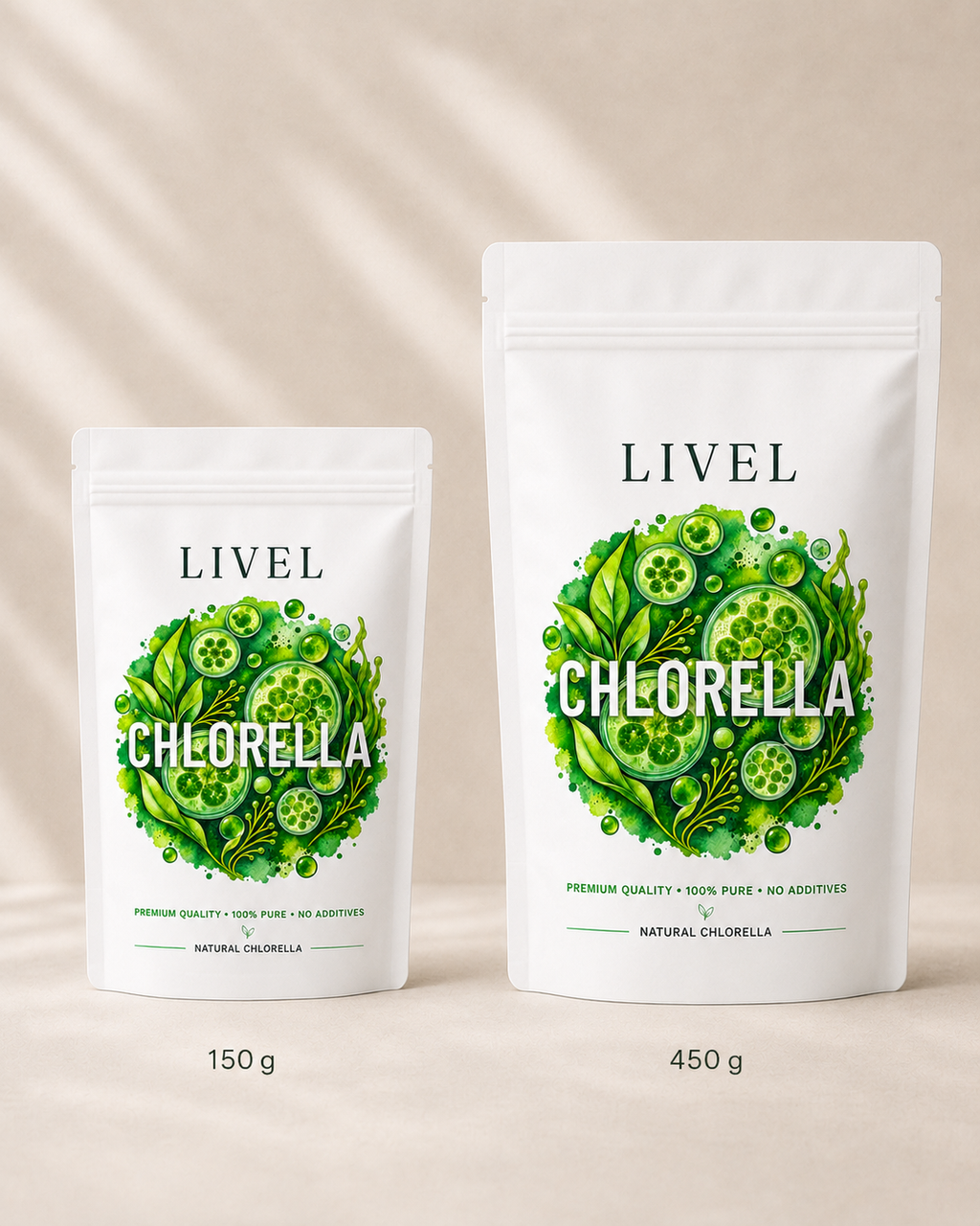dvi LIVEL chlorellos tablečių pakuotės greta – 150 g ir 450 g dydžio