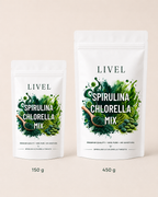 dvi LIVEL spirulinos ir chlorelos tablečių pakuotės greta – 150 g ir 450 g dydžio