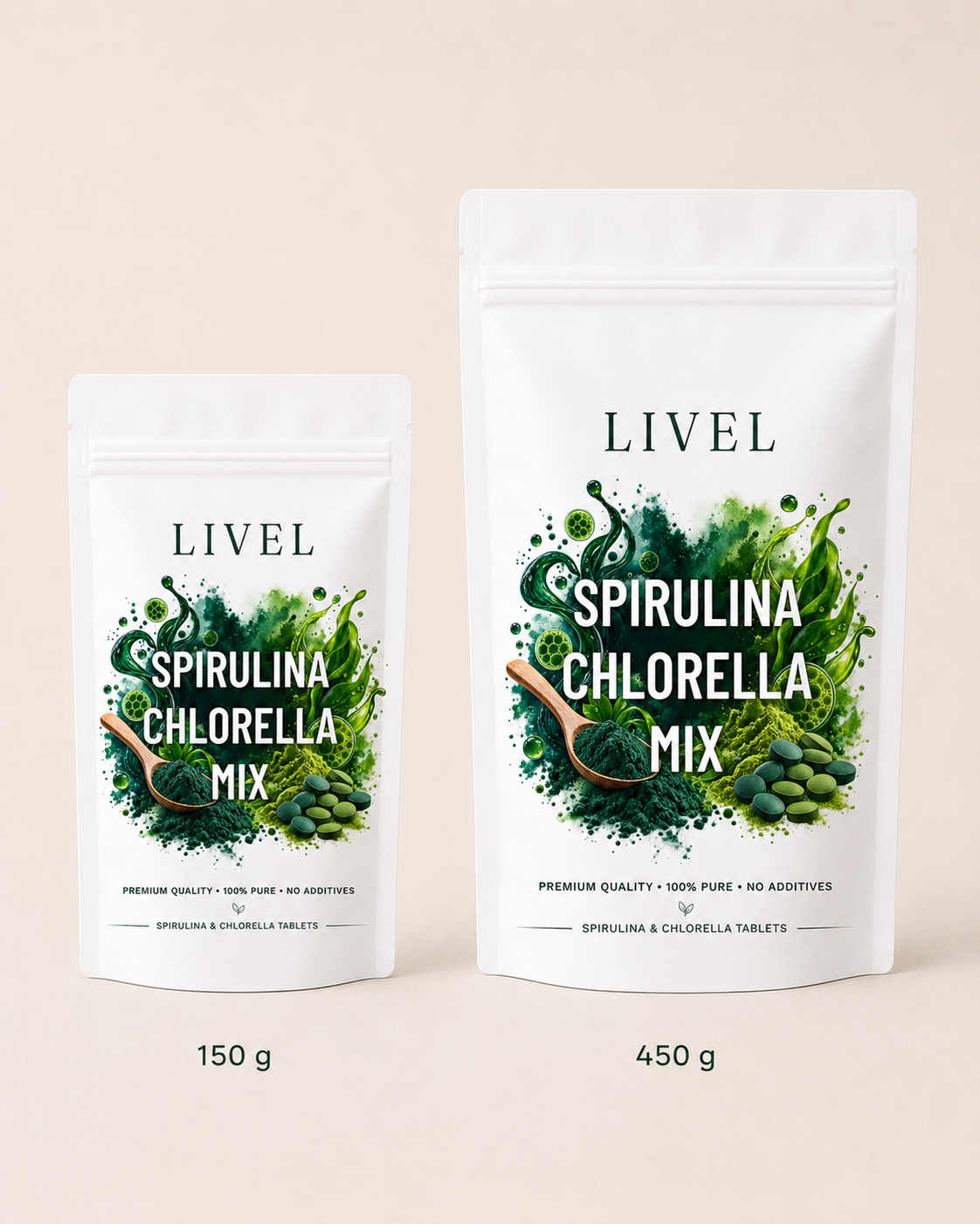 dvi LIVEL spirulinos ir chlorelos tablečių pakuotės greta – 150 g ir 450 g dydžio