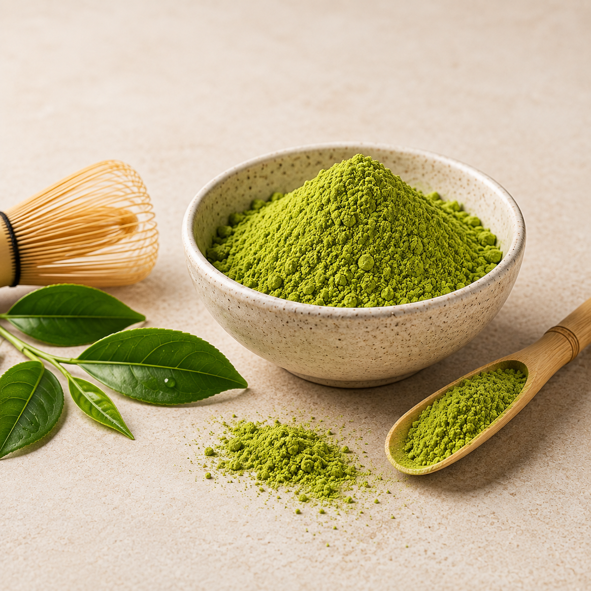 matcha arbatos milteliai dubenėlyje šalia bambukinės šluotelės ir arbatžolės lapų