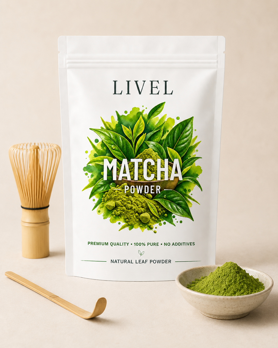 LIVEL matcha miltelių pakuotė šalia bambukinės šluotelės, šaukštelio ir dubenėlio su milteliais