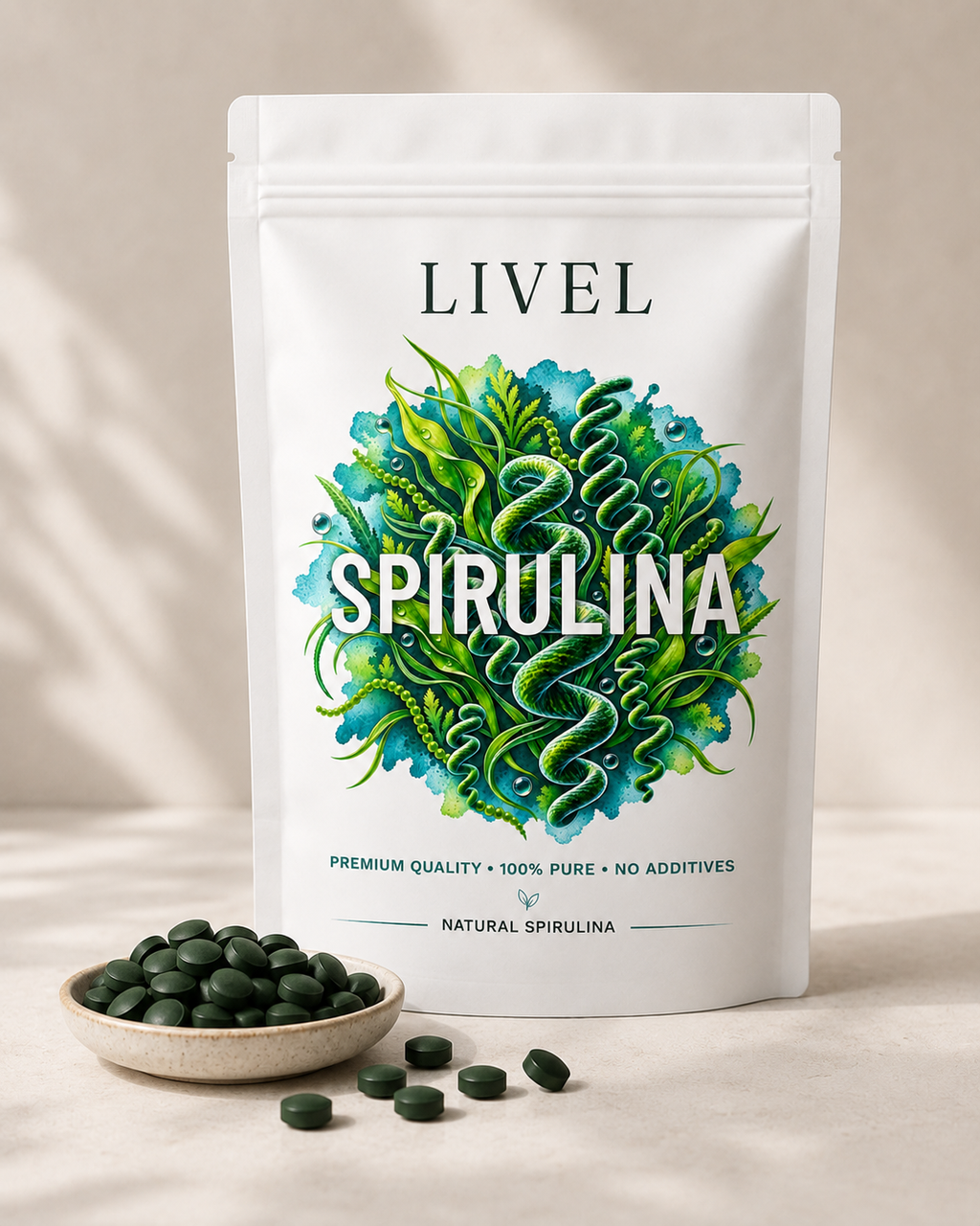 LIVEL spirulinos tablečių pakuotė šalia dubenėlio su spirulinos tabletėmis