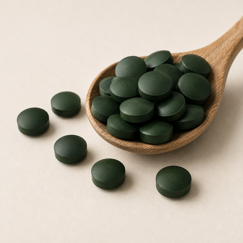 žalios spirulinos tabletės medinio šaukšto samtyje ir išbarstytos šalia