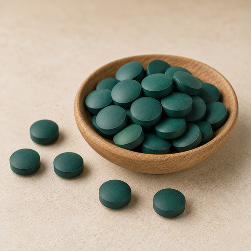 tamsiai žalios spirulinos ir chlorelos tabletės mediniame dubenėlyje