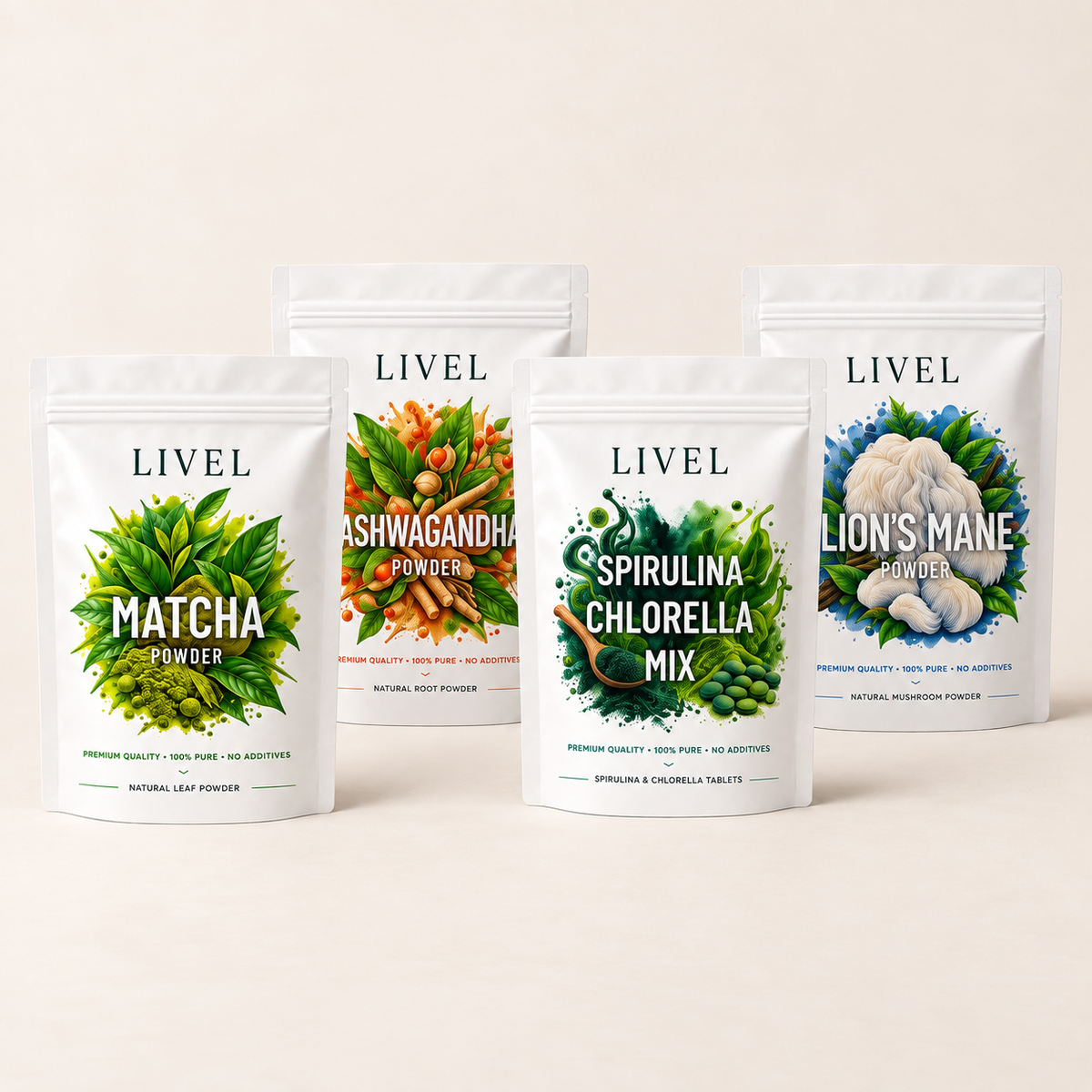 LIVEL rinkinys „LIVEL favoritai“ – Matcha arbatos milteliai, Ašvagandos milteliai, Gericijaus (Lion's Mane) grybų milteliai, Spirulinos ir chlorelos tabletės