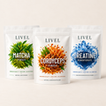 LIVEL rinkinys „Ryto impulsas“ – Matcha arbatos milteliai, Kordicepso milteliai, Kreatino monohidrato milteliai