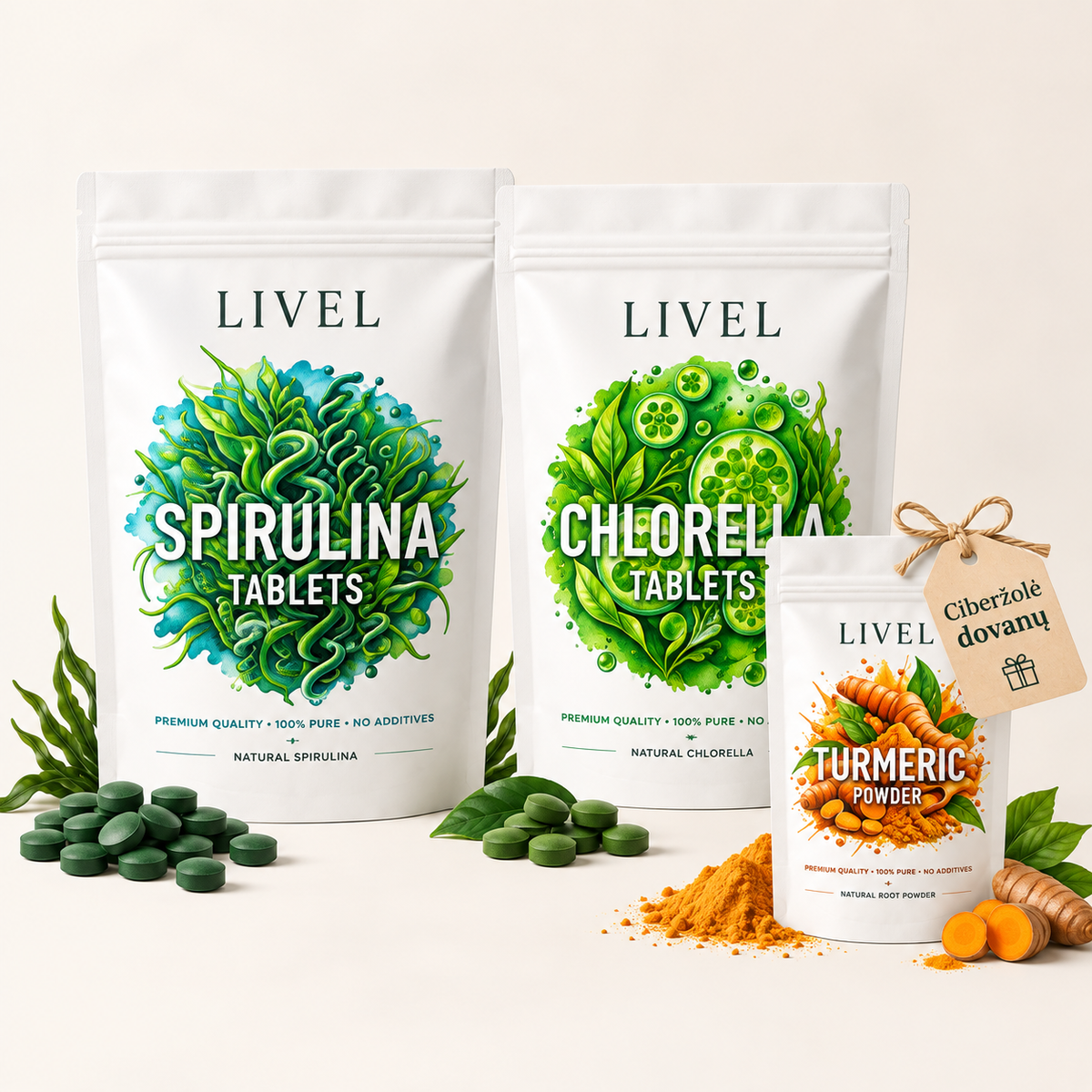 LIVEL rinkinys „Žalioji atsarga“ – spirulinos tabletės 450 g, chlorellos tabletės 450 g ir ciberžolės milteliai 150 g dovanų