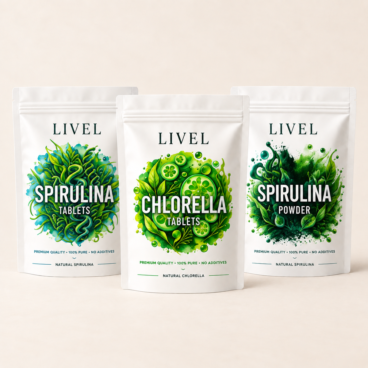 LIVEL rinkinys „Žalioji jėga“ – Spirulinos tabletės, Chlorellos tabletės, Spirulinos milteliai